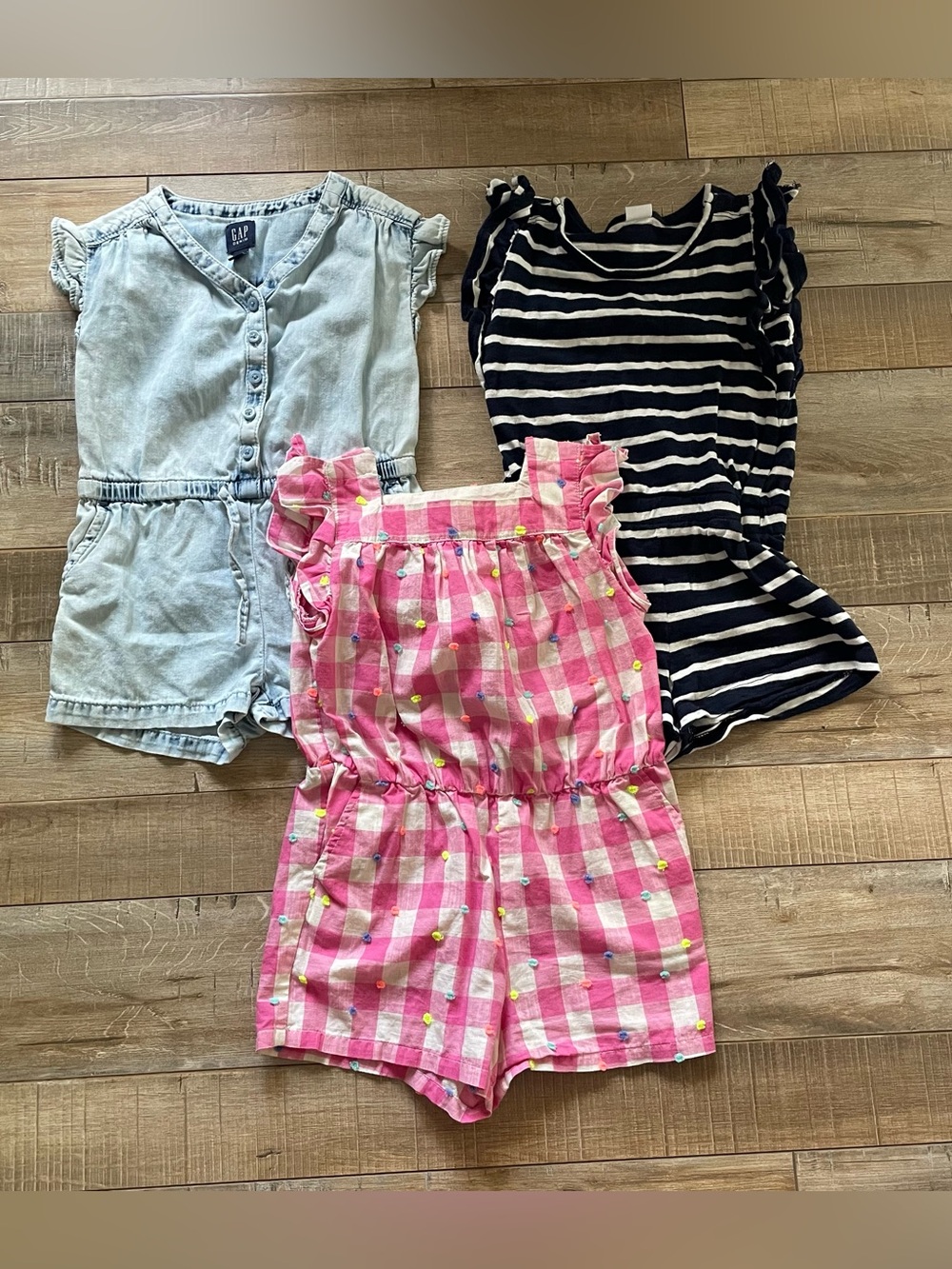 Baby Gap Girls 3T Romper Lot 3 Denim Gingham Pom Pom Striped Summer